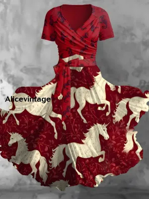 Horse Art Print V-Neck Vintage Long Sleeve Two Piece Dress Derby Dress