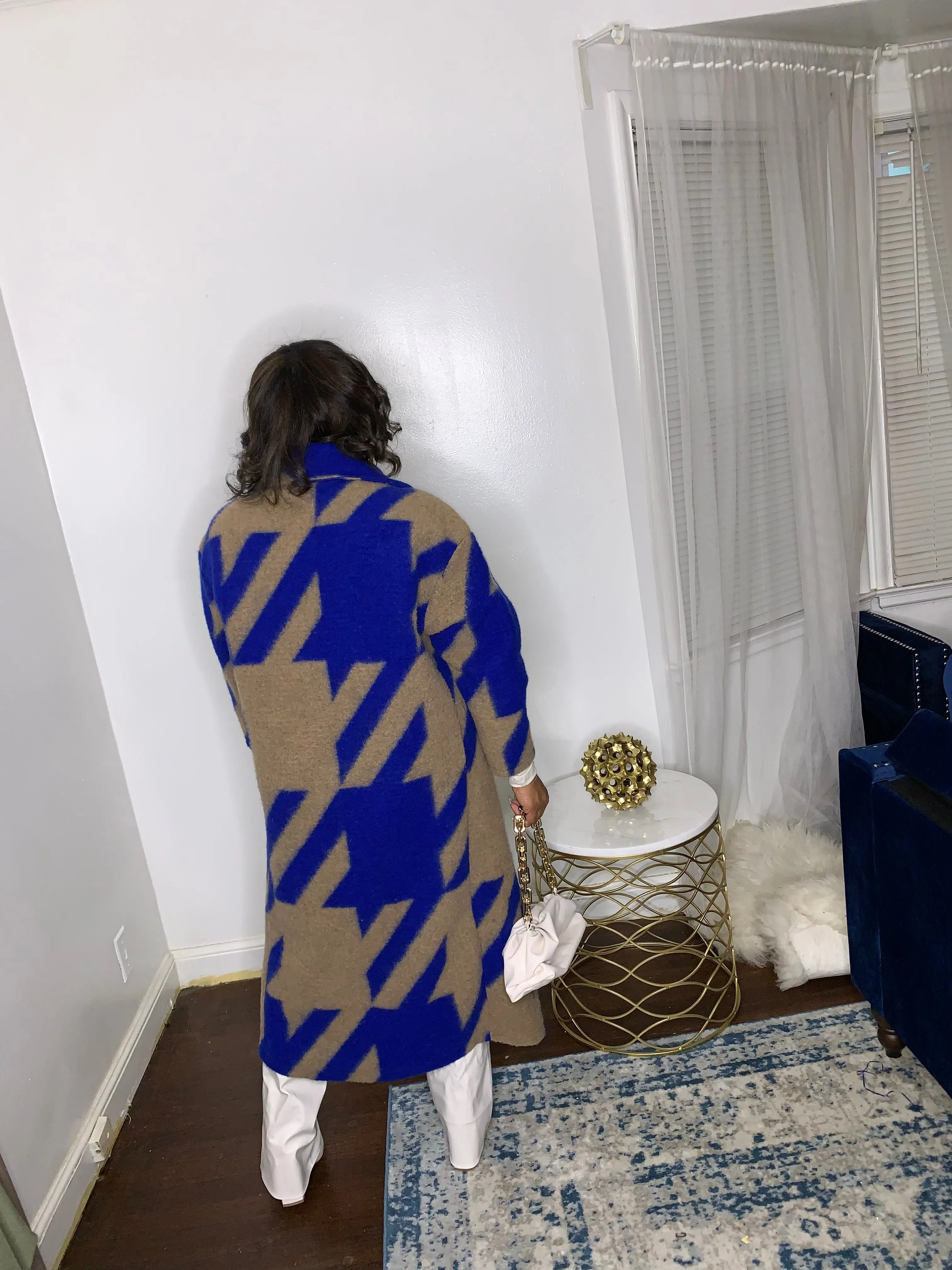 Houndstooth Wool Blend Duster- Blue