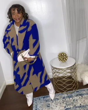 Houndstooth Wool Blend Duster- Blue