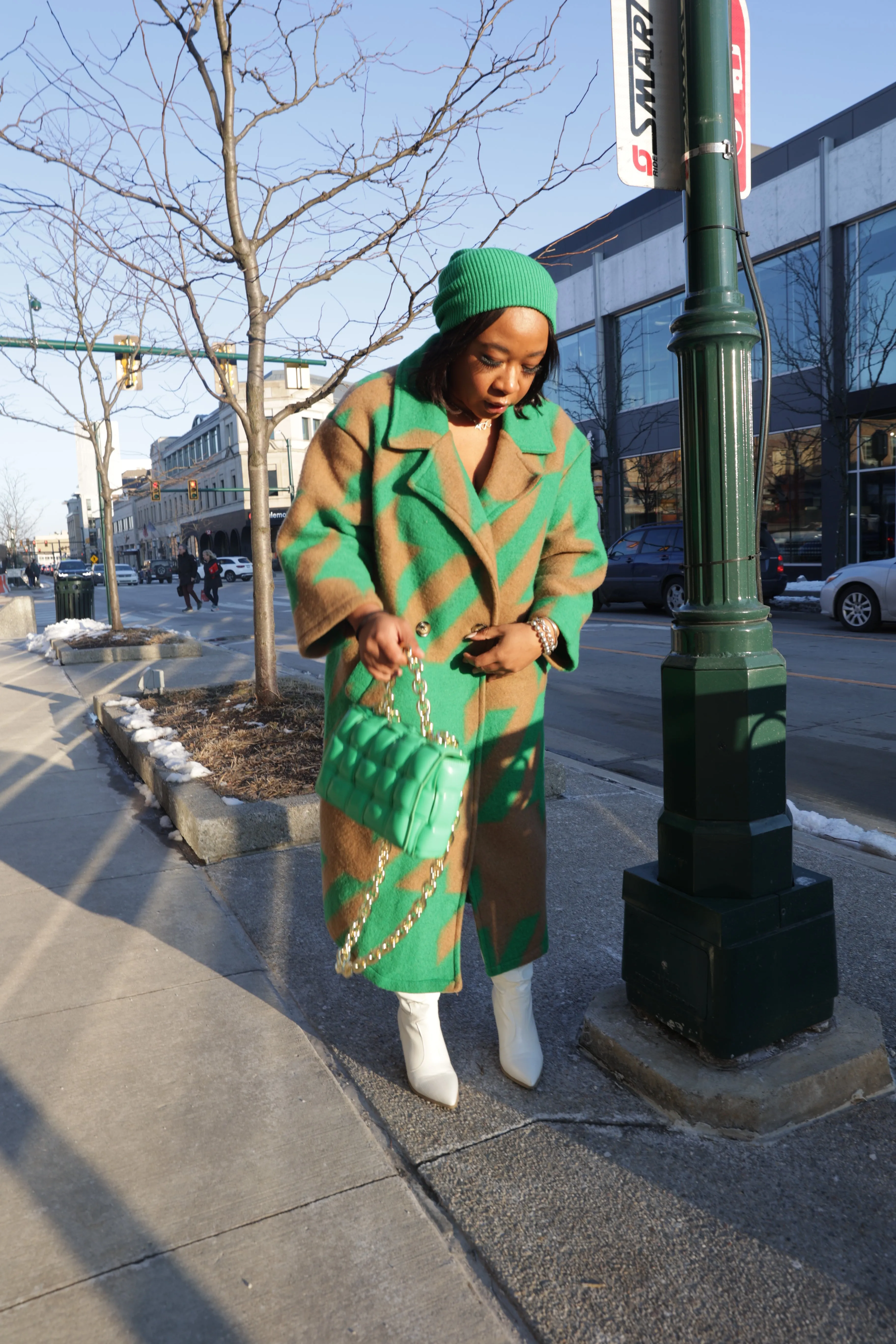 Houndstooth Wool Blend Duster- Green