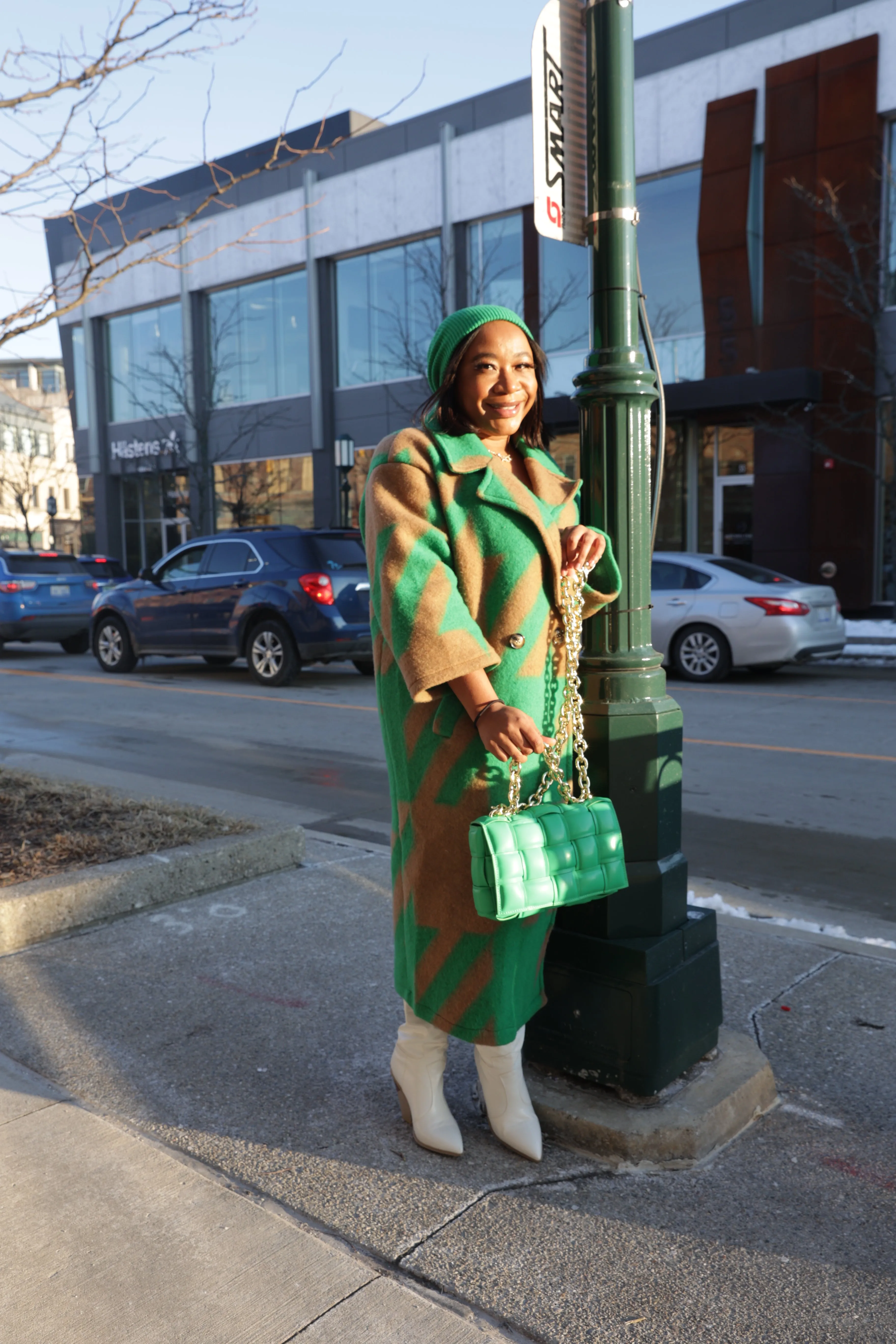 Houndstooth Wool Blend Duster- Green
