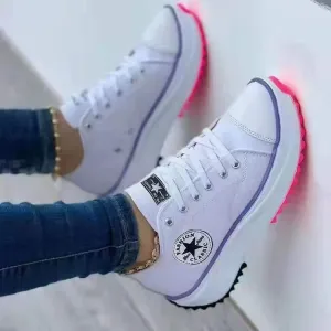 hulianfu Summer Platform Women's Canvas Sneakers Casual Running Walking Ladies Shoes Flat Platform Round Toe Increasing Footwear