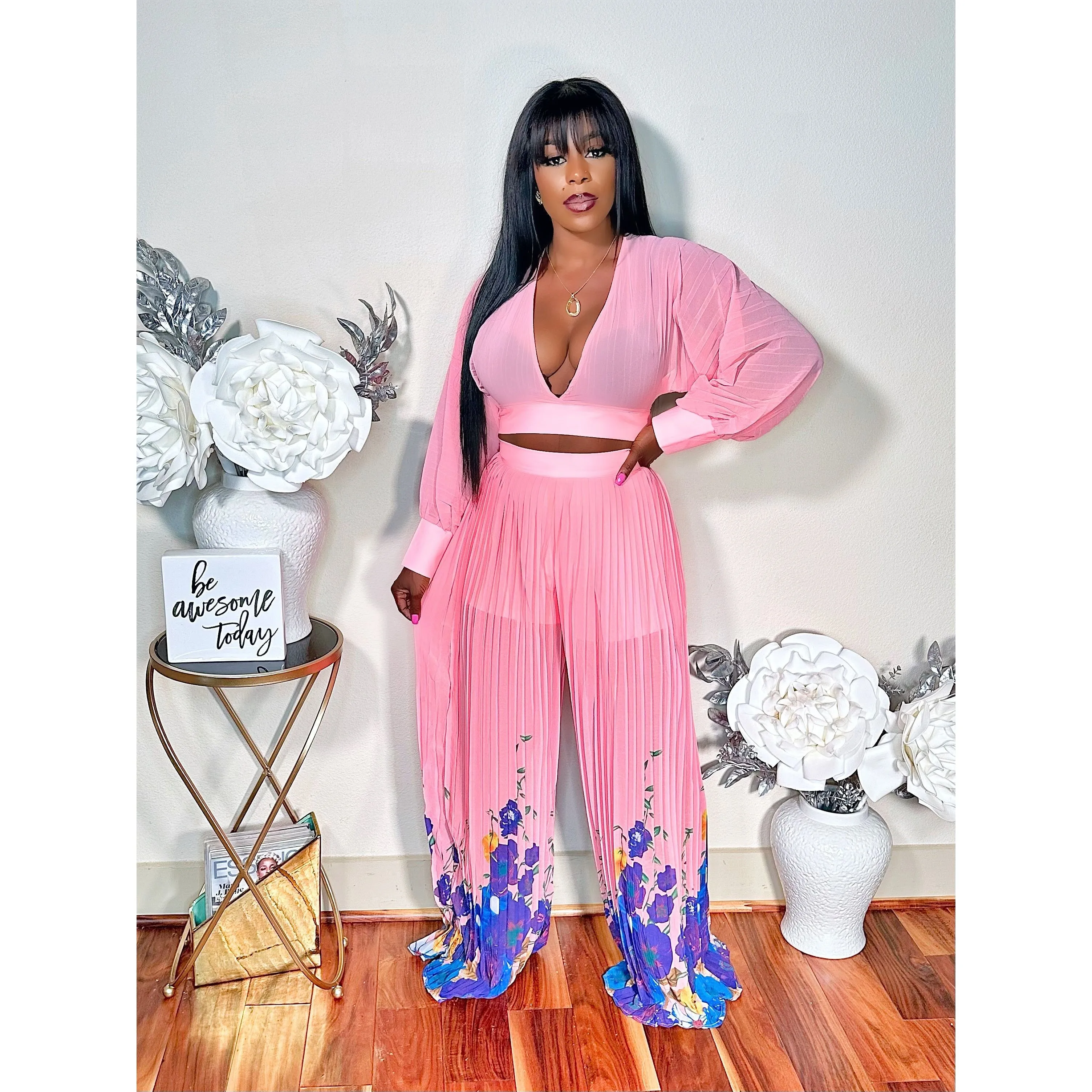 IT'S YOUR TIME PLEATED PANTS SET (PINK)