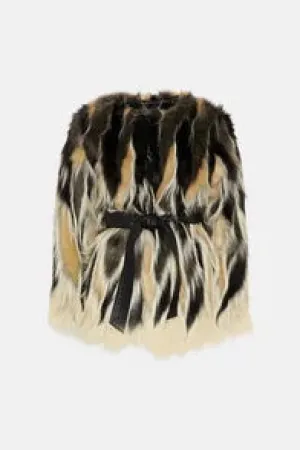 Jacquard Faux Fur Pu Belted Coat