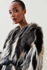 Jacquard Faux Fur Pu Belted Coat