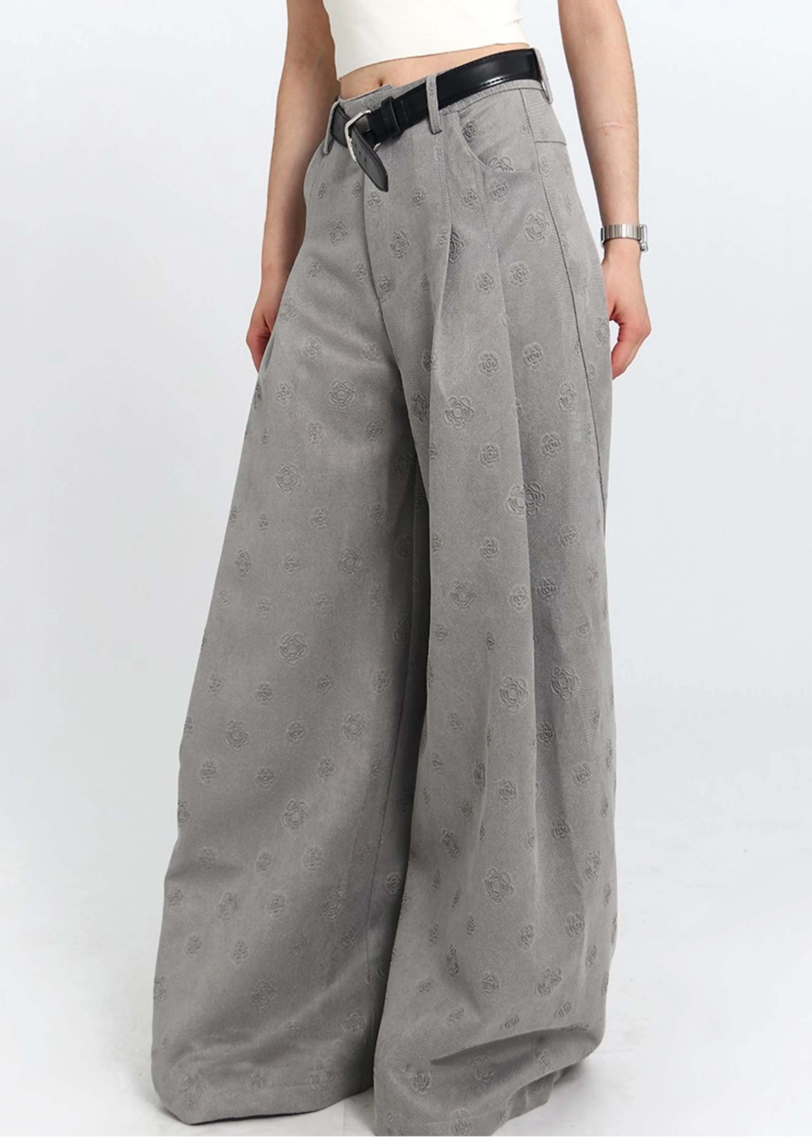 Jacquard Grey Pockets High Waist Cotton Wide Leg Pants Spring
