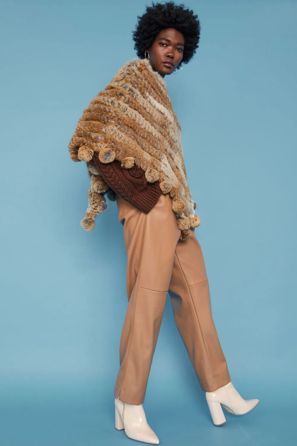 Jayley Coney Fur Poncho with Pom Poms - Mocha