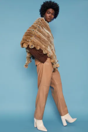 Jayley Coney Fur Poncho with Pom Poms - Mocha