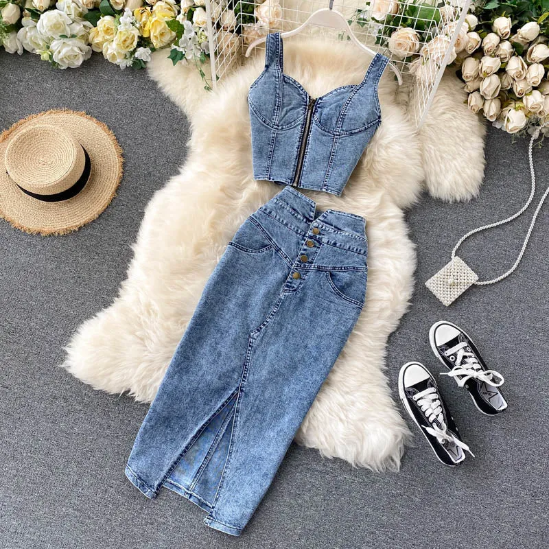 Jeans Vest Skirts Sets