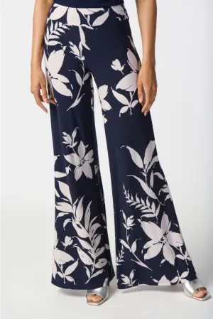 Joseph Ribkoff Midnight Blue/Beige Floral Print Pull On Wide Leg Pants 241199