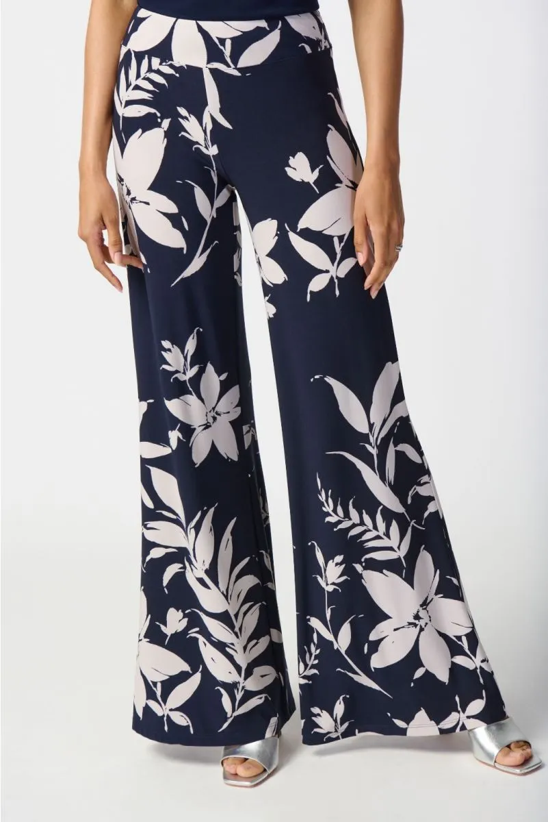 Joseph Ribkoff Midnight Blue/Beige Floral Print Pull On Wide Leg Pants 241199
