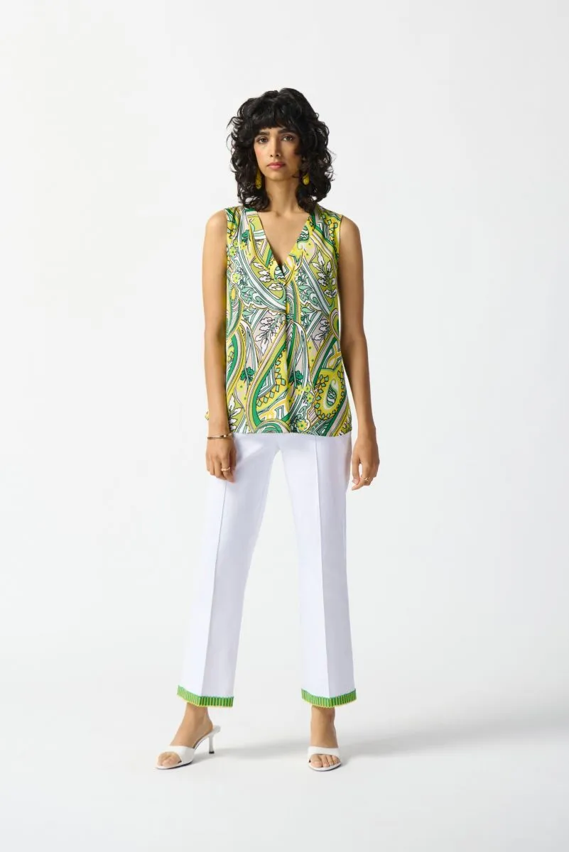 Joseph Ribkoff White/Multi Pleated Embroidered Pull On Cropped Pants 242006