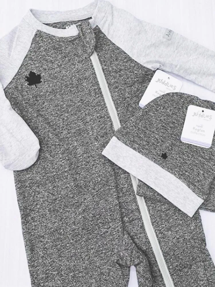 Juddlies - Organic Baby Playsuit Sleepsuit with Double Zip - Raglan Collection - Graphite Black/Grey