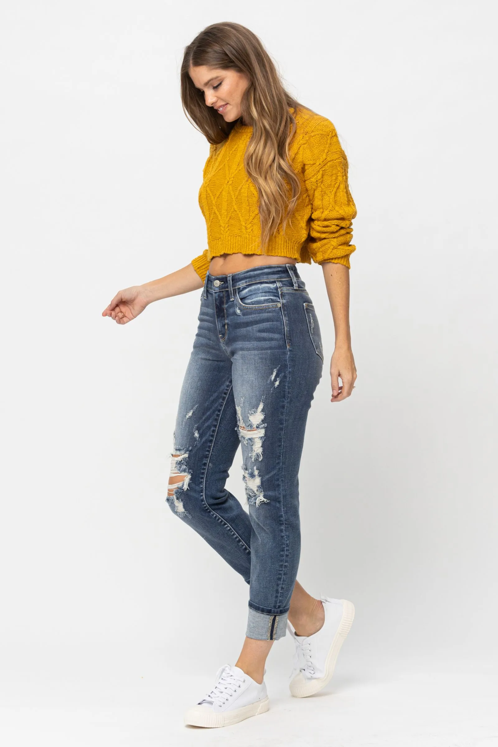 Judy Blue Mid-Rise Cuffed Boyfriend Destroyed Jeans