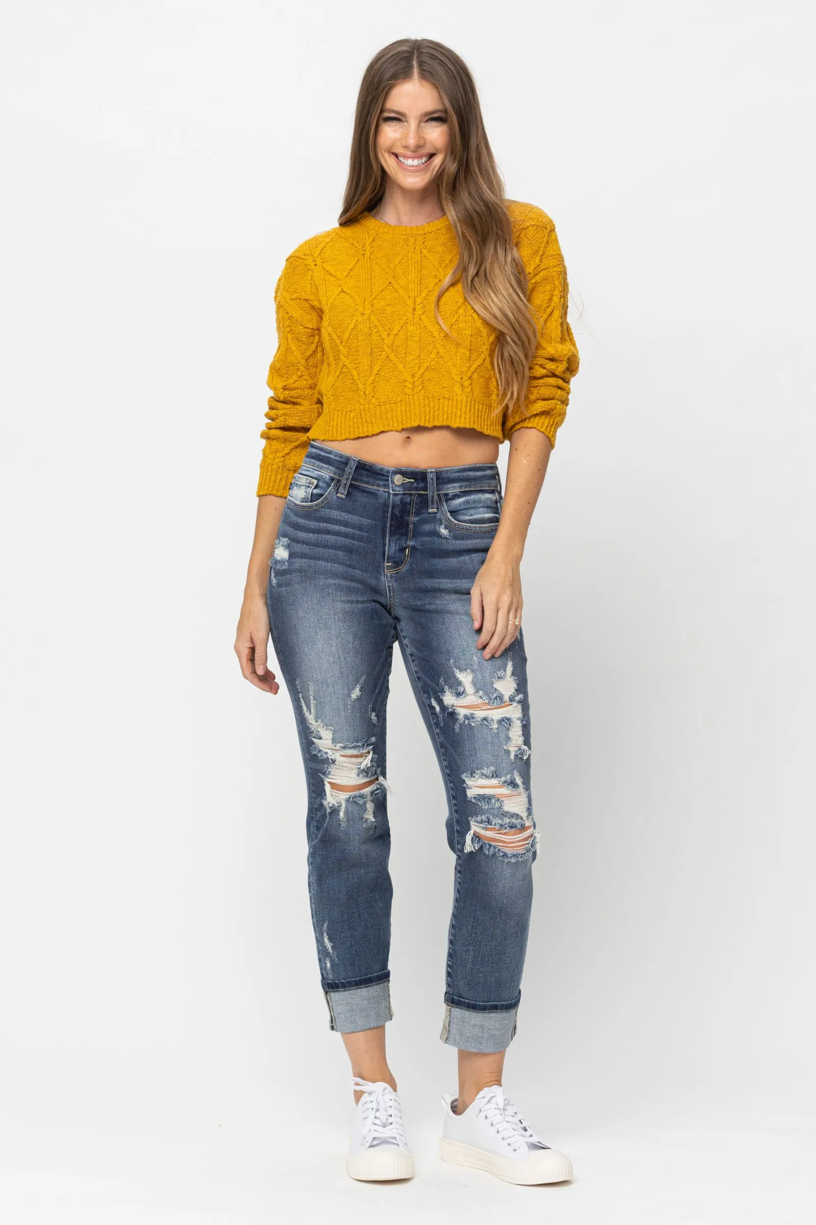 Judy Blue Mid-Rise Cuffed Boyfriend Destroyed Jeans