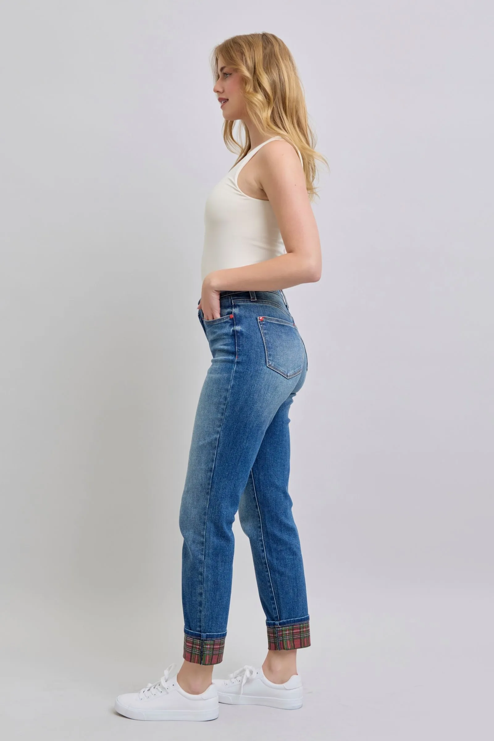 Judy Blue Plaid Print Cuff Straight Leg Jeans with Pockets