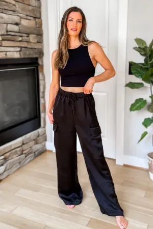 Just For You Satin Cargo Pants - Black - FINAL SALE