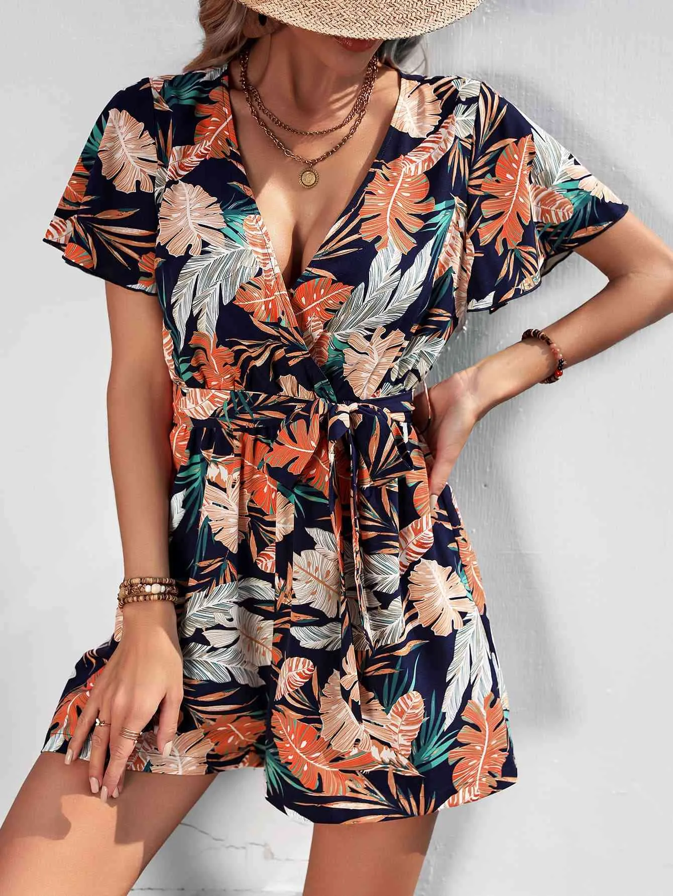 Karley Botanical Print Surplice Neck Tie Waist Romper