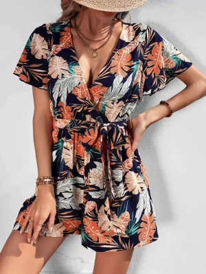 Karley Botanical Print Surplice Neck Tie Waist Romper