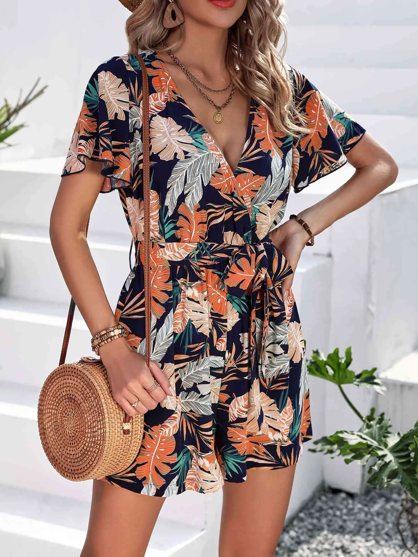 Karley Botanical Print Surplice Neck Tie Waist Romper