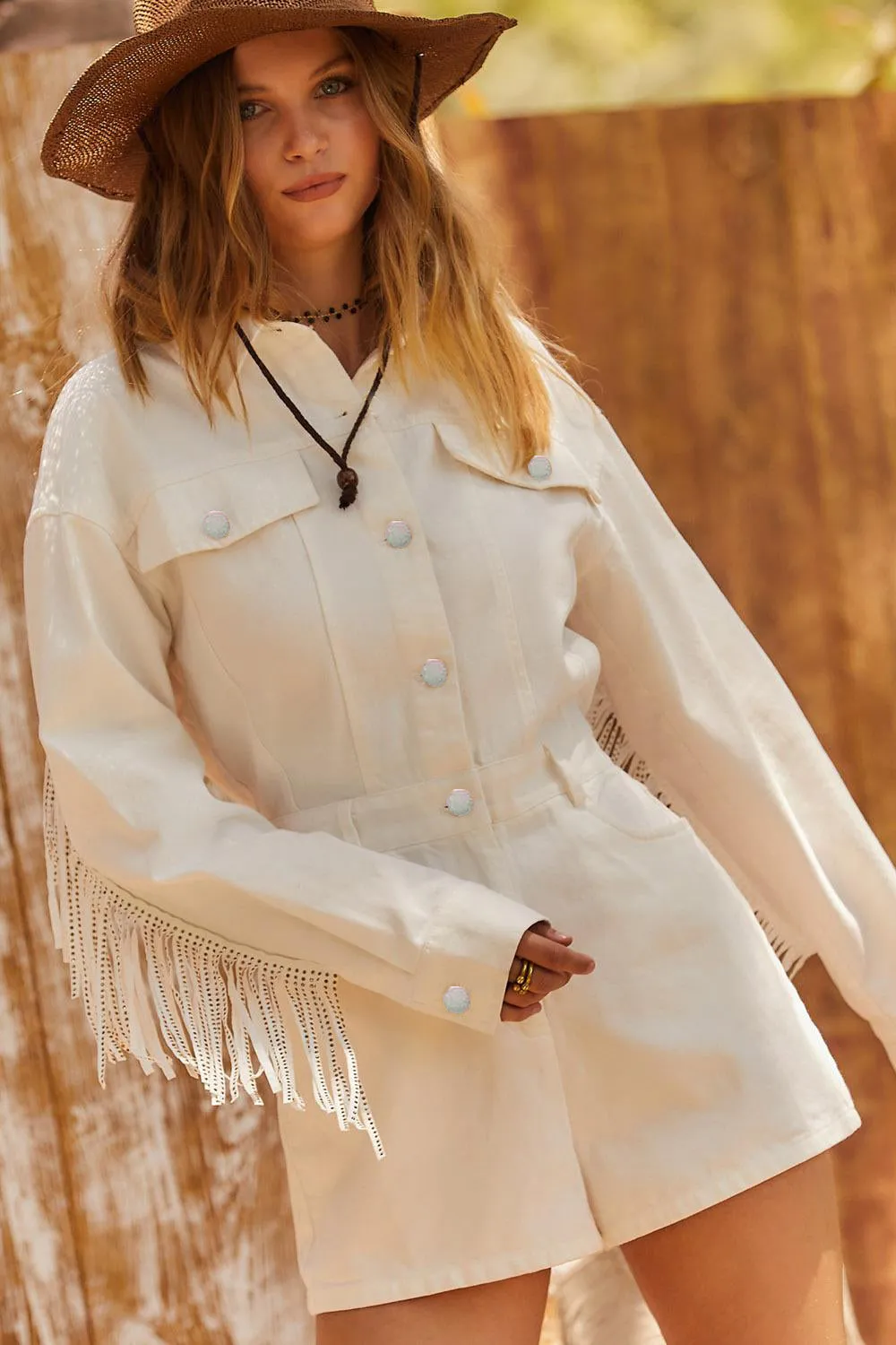 Kiernan Tassel Fringe Long Sleeve Denim Romper - Beige