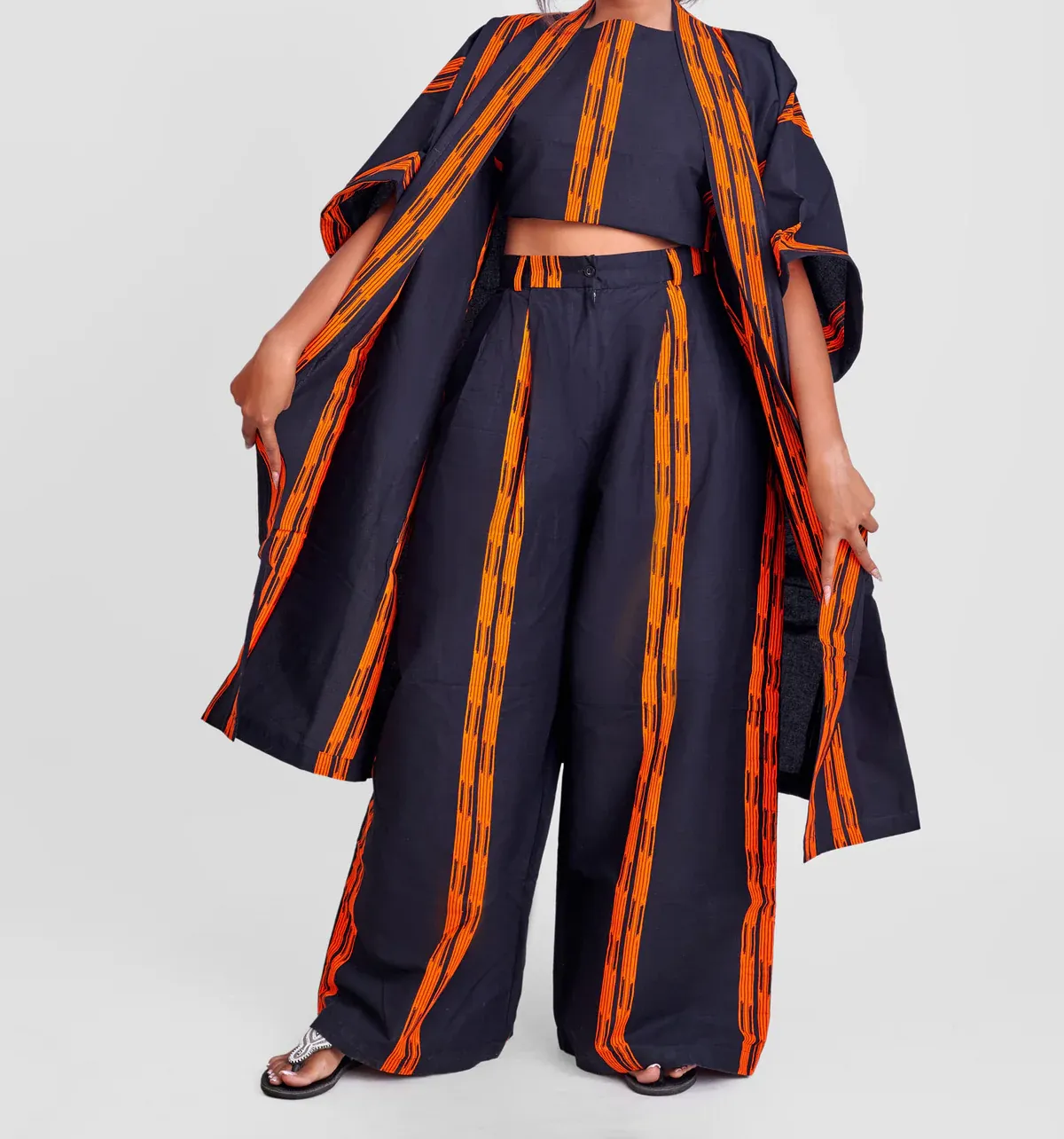 Kimono cropped top wide leg pants three-piece set