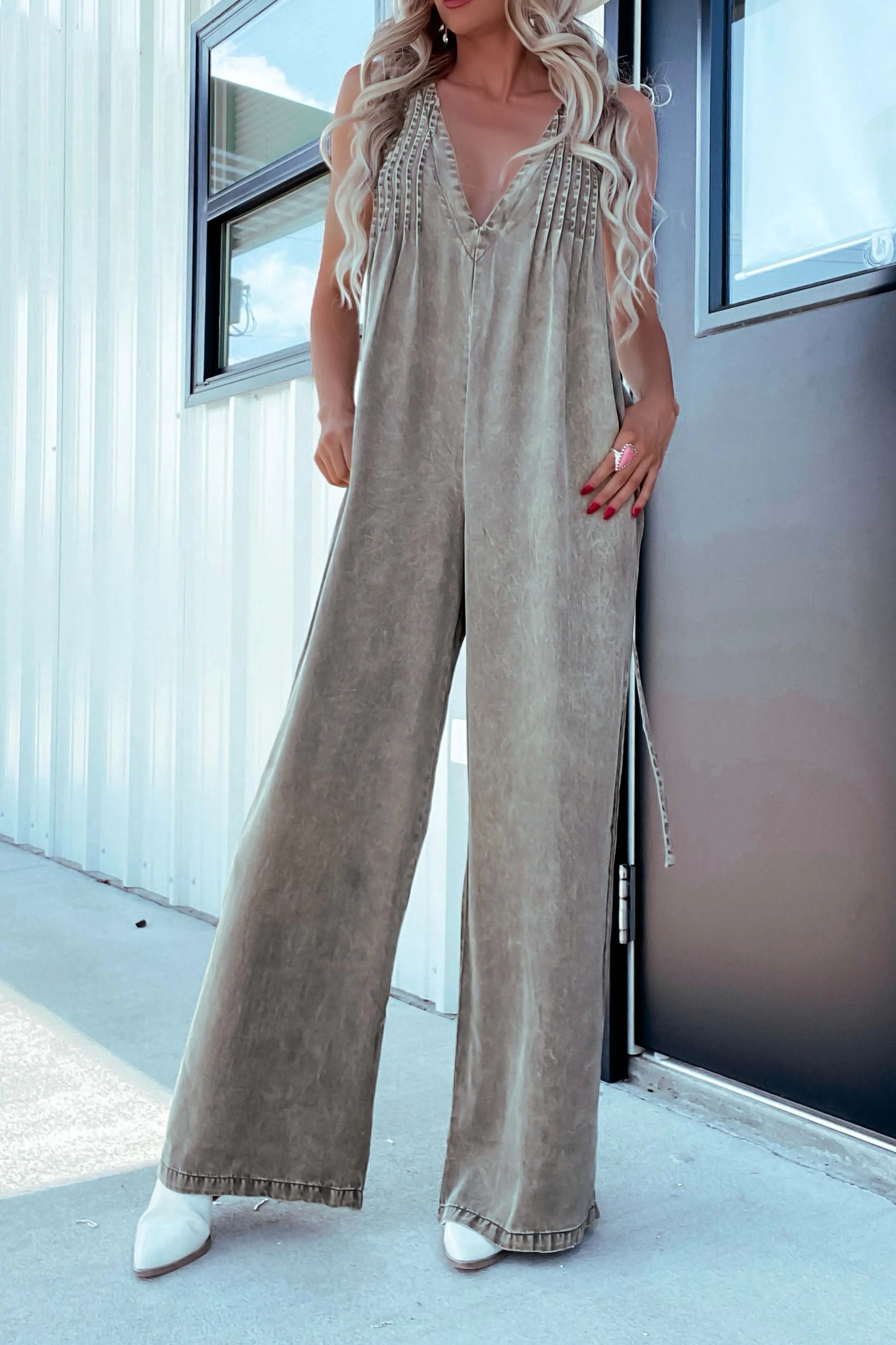 Kolby Pleaded Denim Jumpsuit -Olive