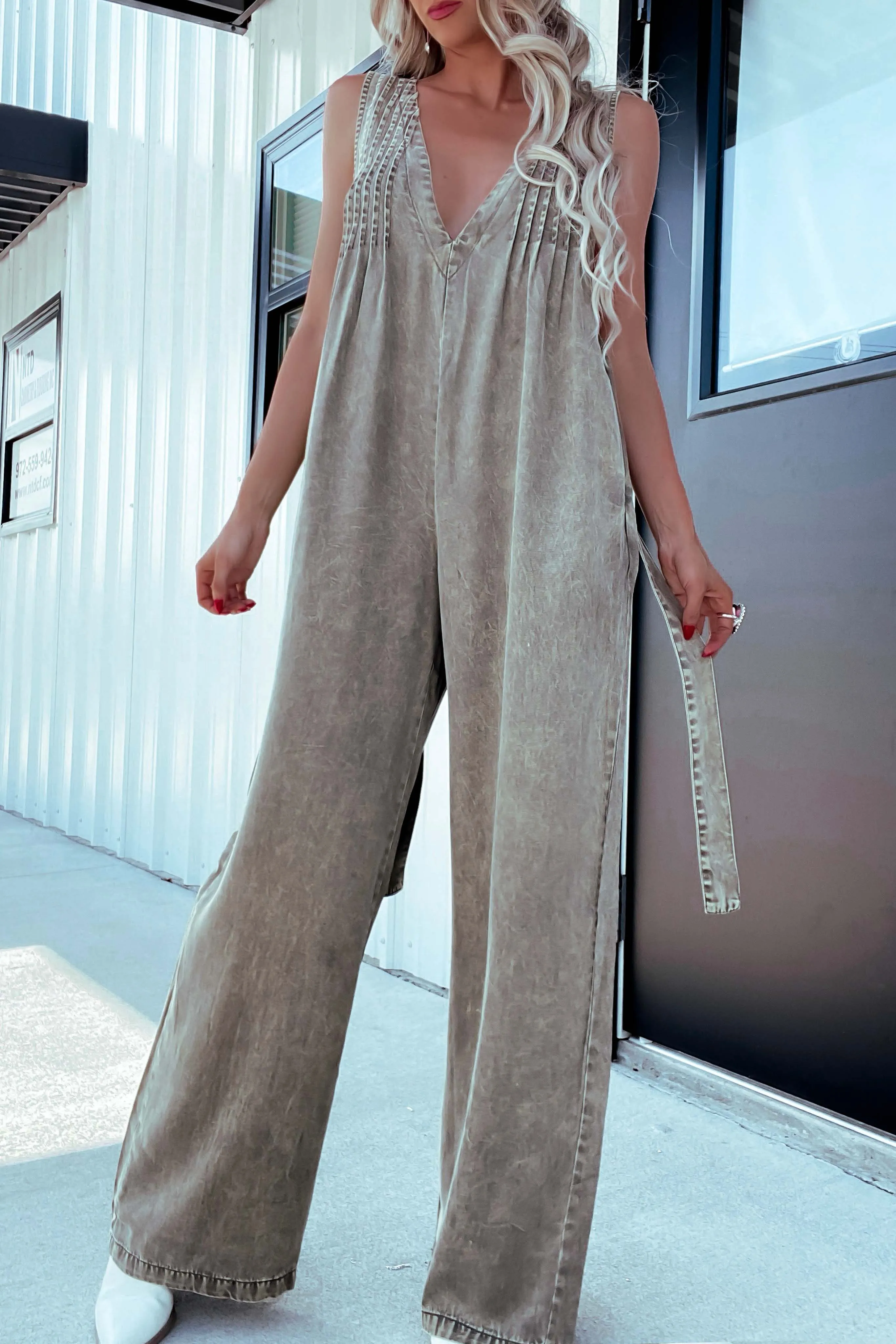 Kolby Pleaded Denim Jumpsuit -Olive
