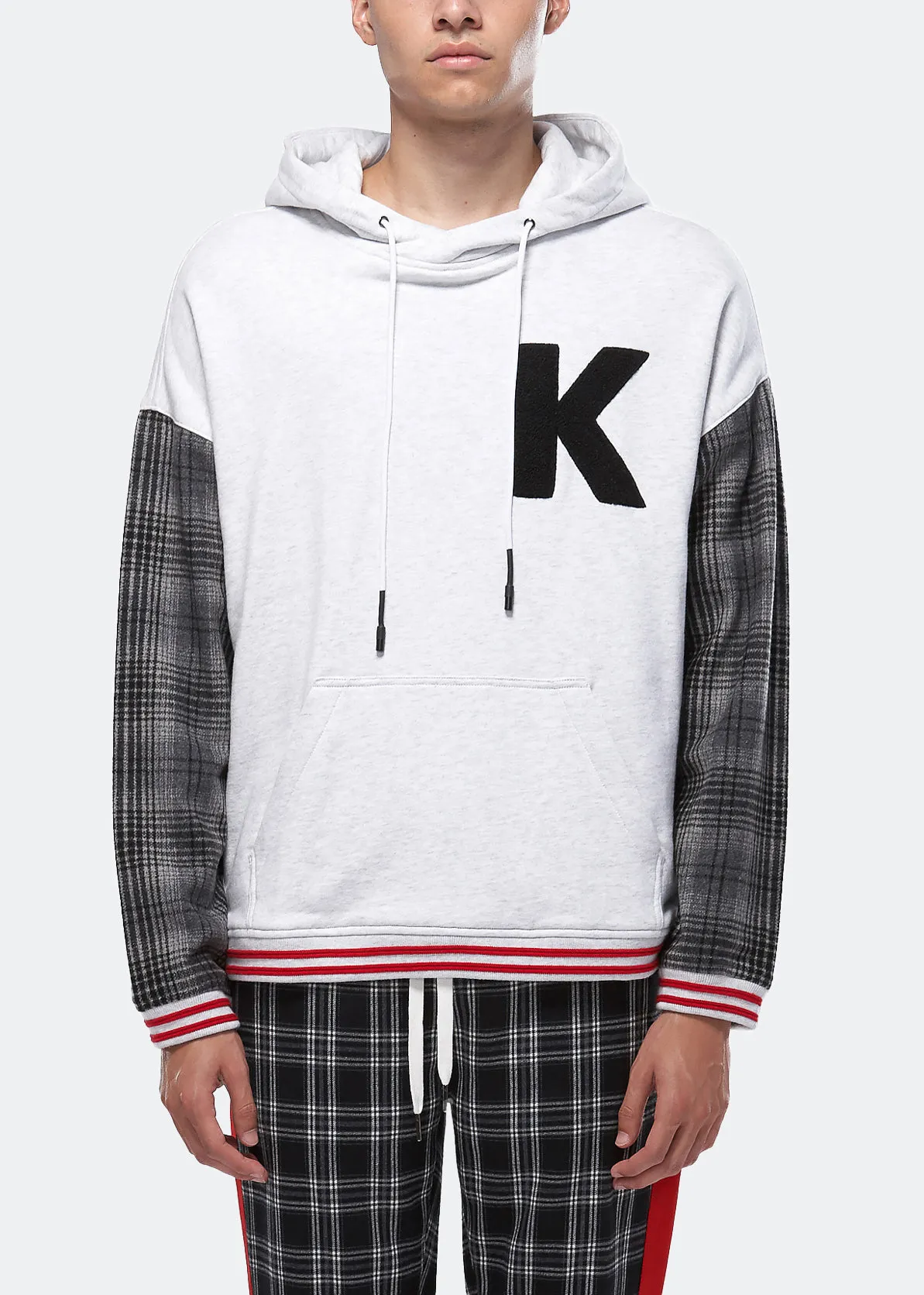 Konus Men's Pullover Hoodie w/ Wool Blend Plaid Sleeves in Gray