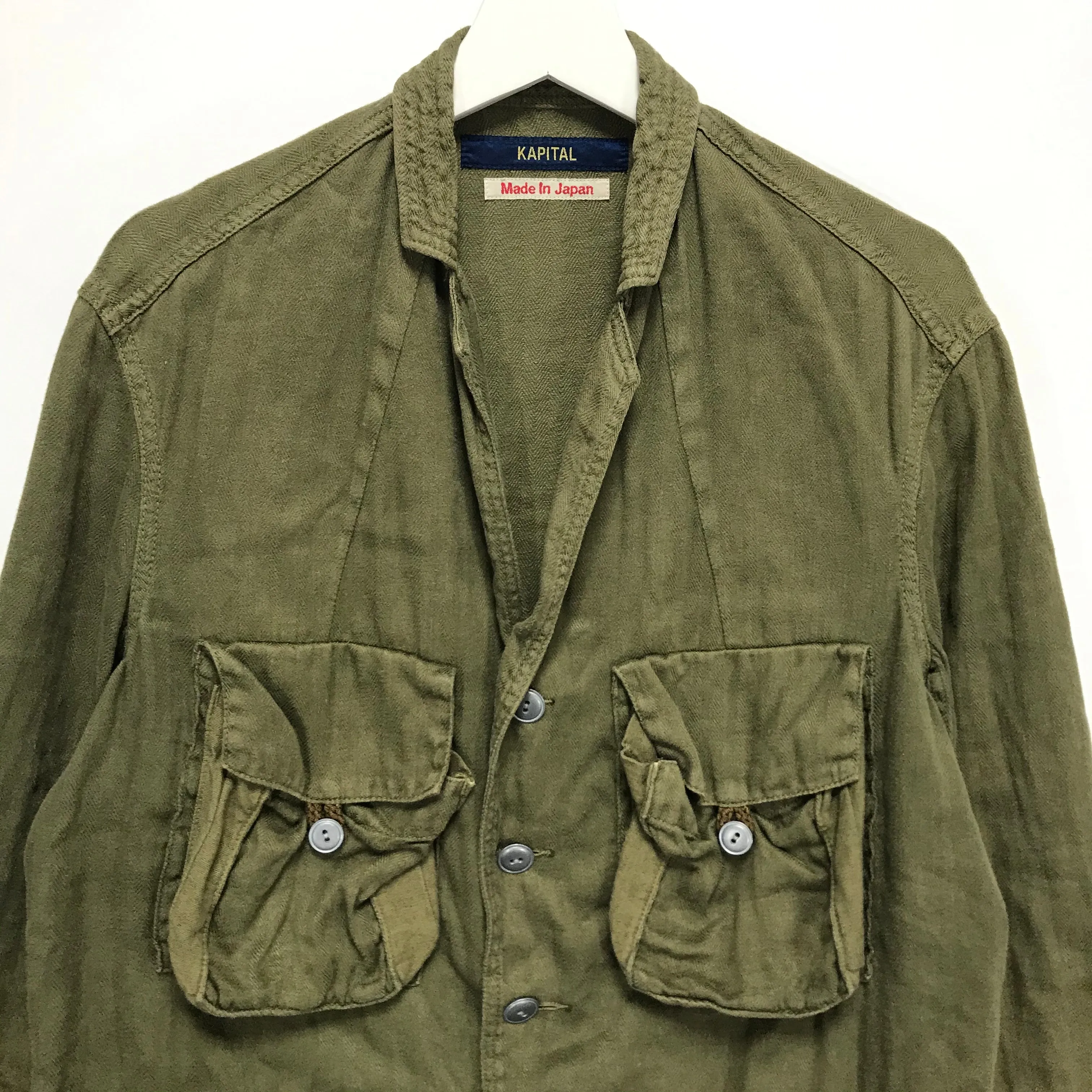[L] Kapital Cotton Linen Herringbone Military Jacket Olive