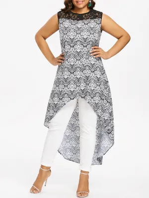 Lace Panel Printed High Low Blouse
