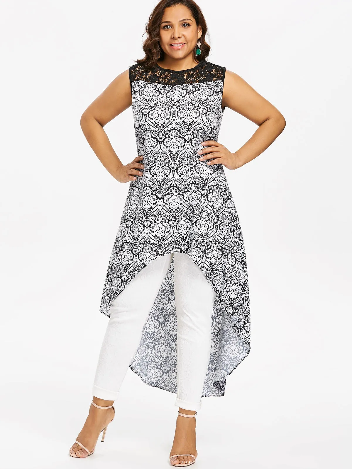 Lace Panel Printed High Low Blouse