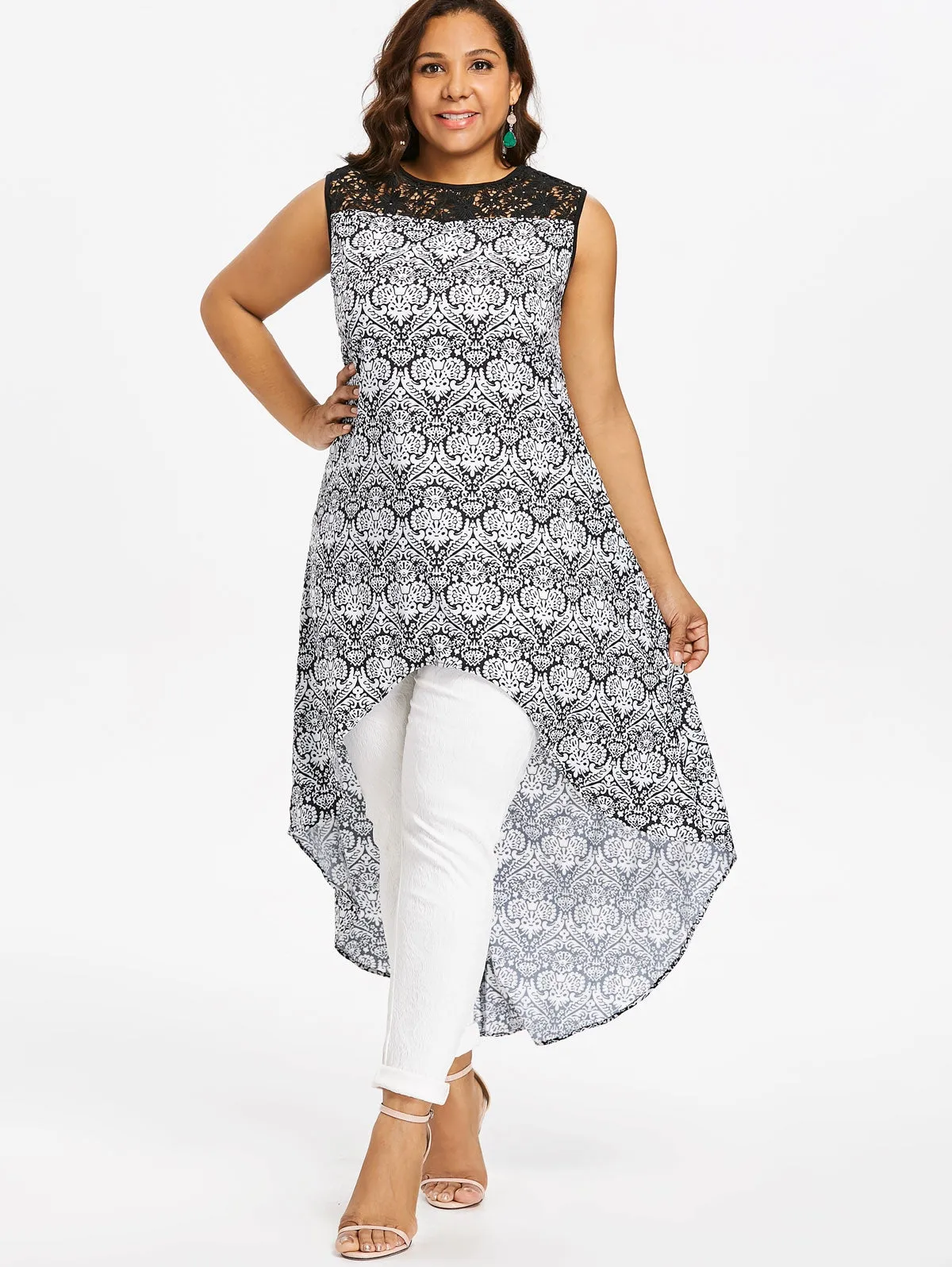 Lace Panel Printed High Low Blouse