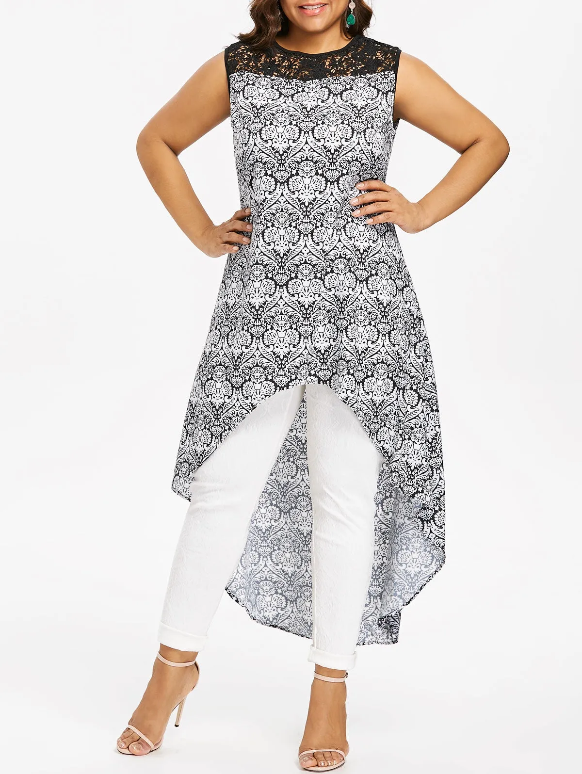 Lace Panel Printed High Low Blouse