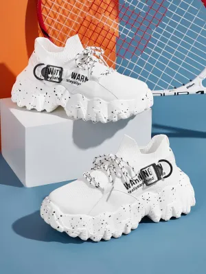 Lace-up Front Letter Graphic Chunky Sneakers  - White - FD ⚡