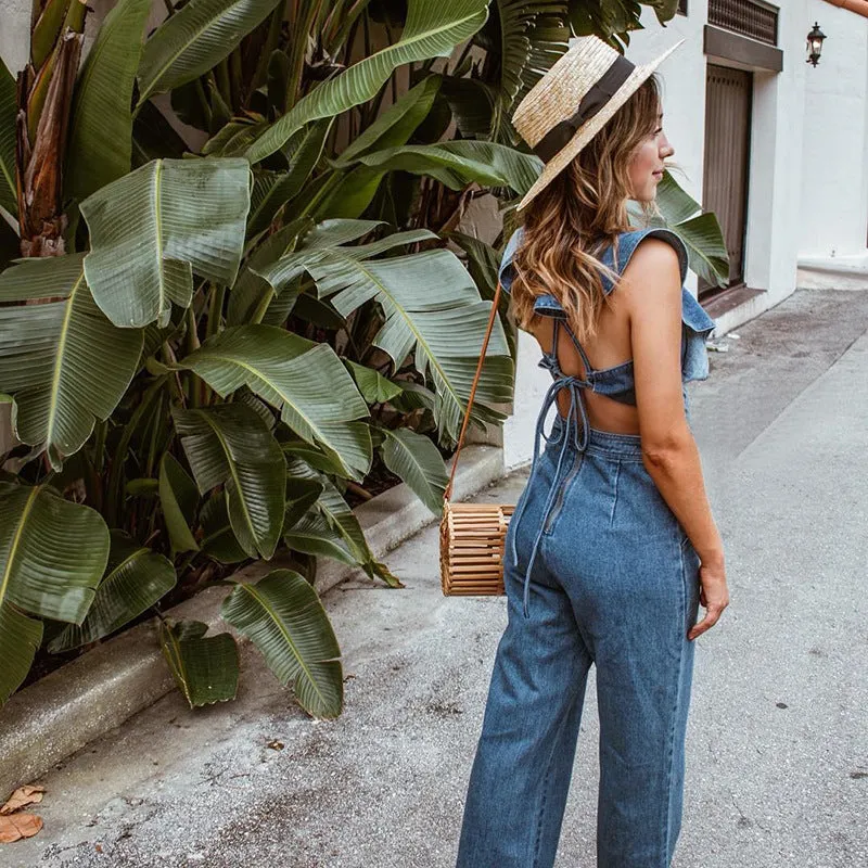 Lace-up Ruffled Denim Jumpsuit Backless Sleeveless Rompers