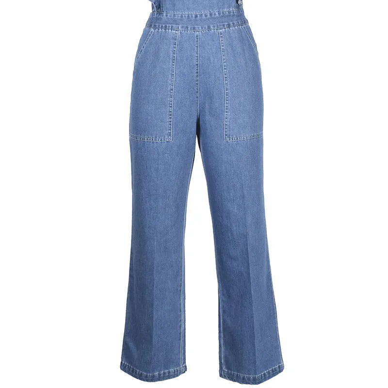 Lace-up Ruffled Denim Jumpsuit Backless Sleeveless Rompers