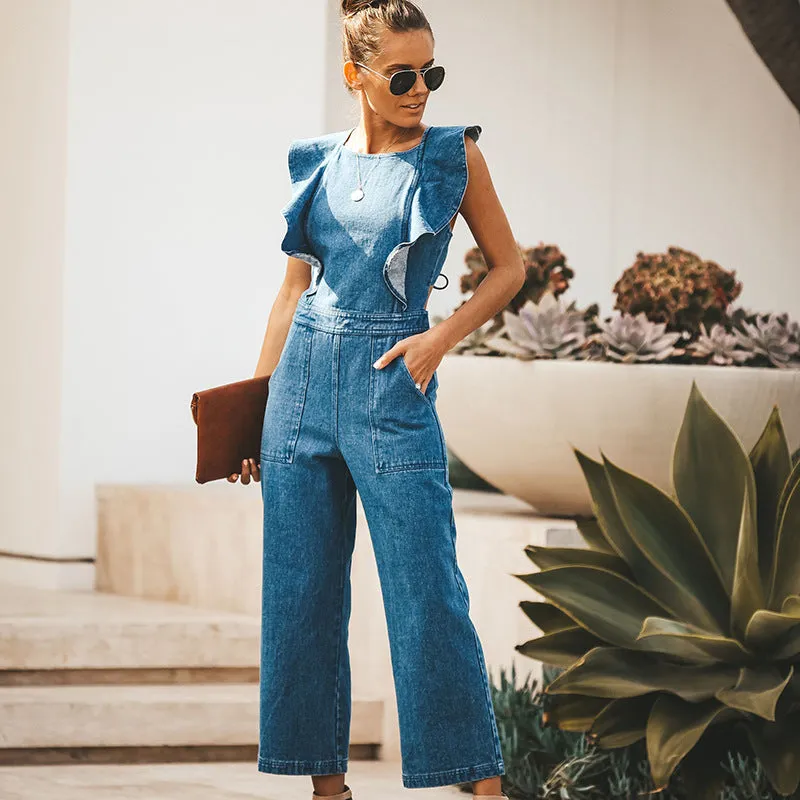 Lace-up Ruffled Denim Jumpsuit Backless Sleeveless Rompers