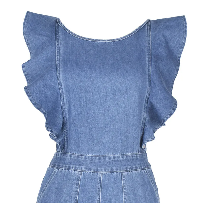 Lace-up Ruffled Denim Jumpsuit Backless Sleeveless Rompers