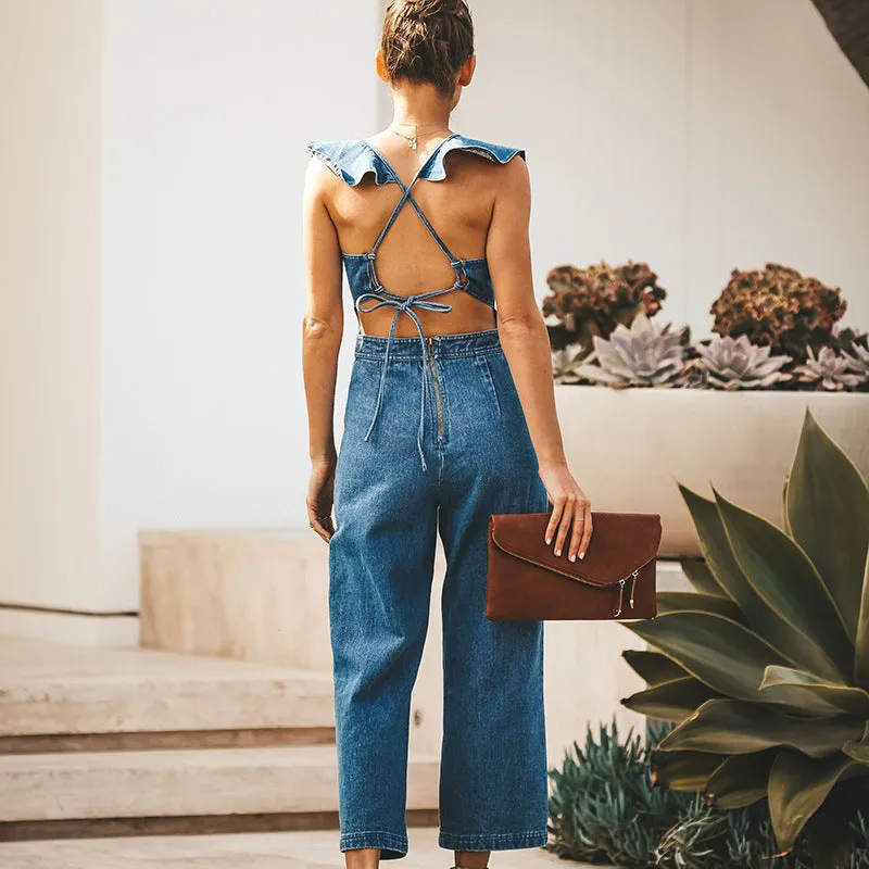 Lace-up Ruffled Denim Jumpsuit Backless Sleeveless Rompers