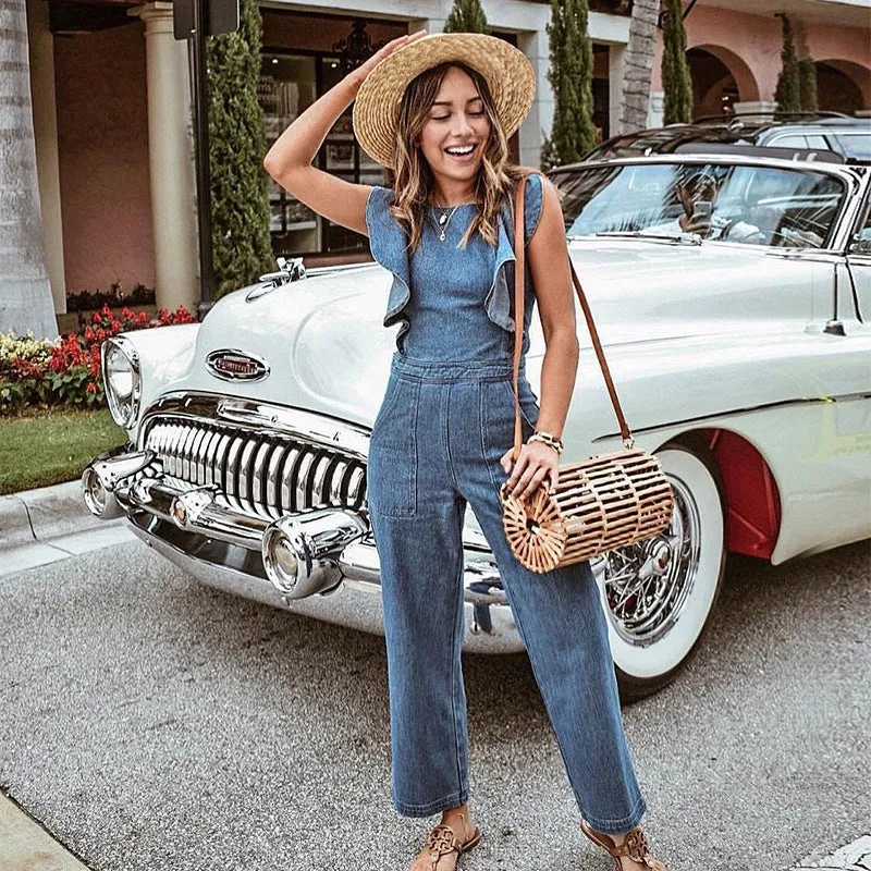 Lace-up Ruffled Denim Jumpsuit Backless Sleeveless Rompers