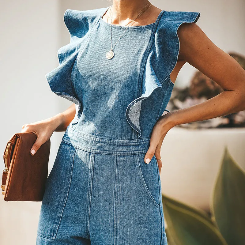 Lace-up Ruffled Denim Jumpsuit Backless Sleeveless Rompers