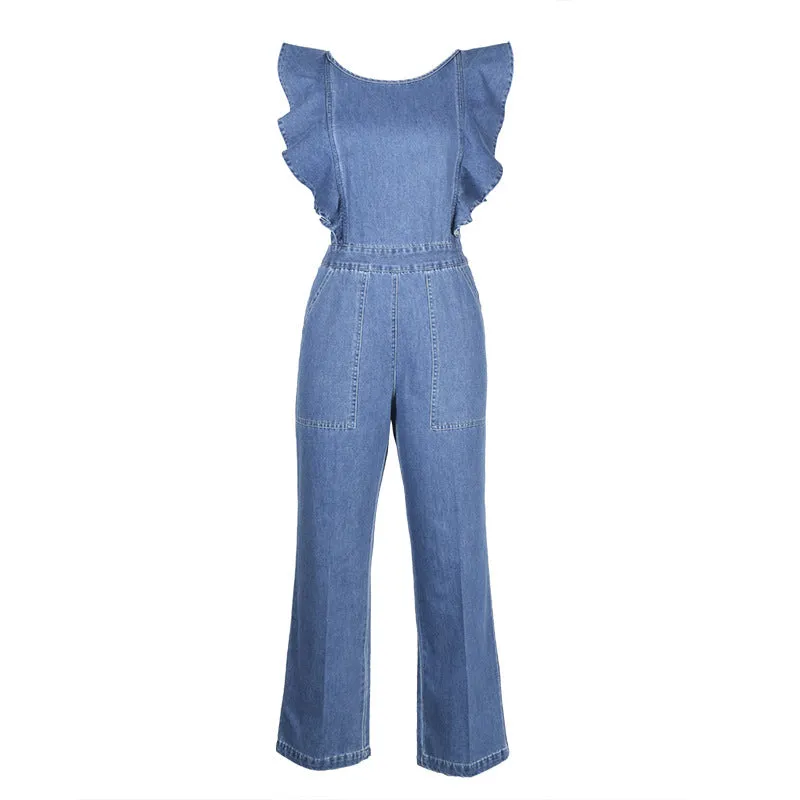 Lace-up Ruffled Denim Jumpsuit Backless Sleeveless Rompers