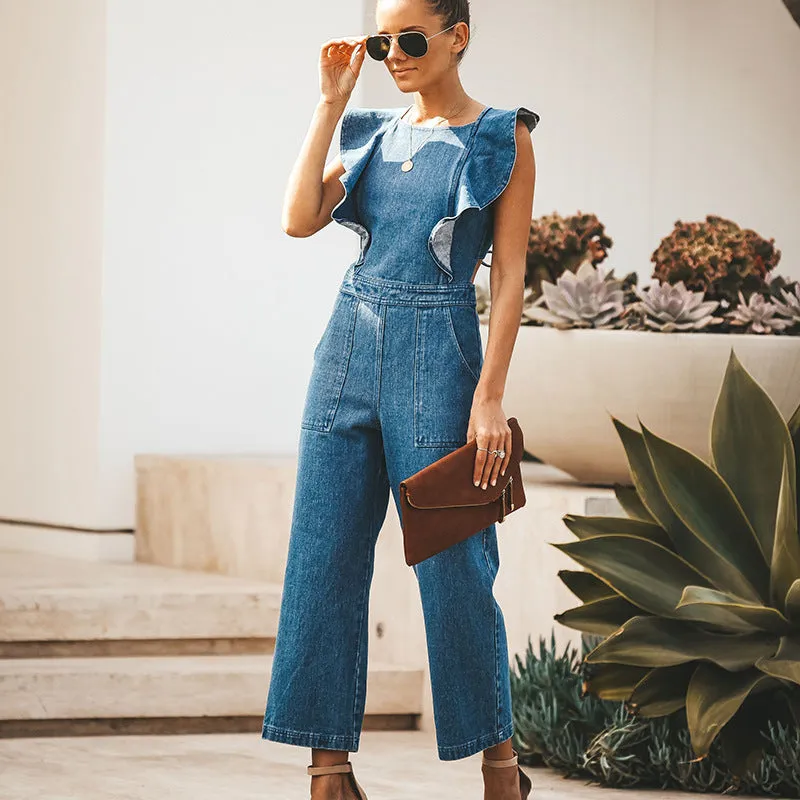 Lace-up Ruffled Denim Jumpsuit Backless Sleeveless Rompers