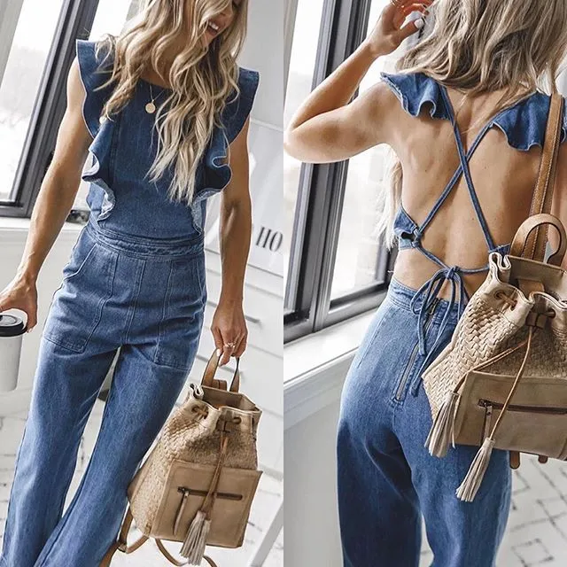 Lace-up Ruffled Denim Jumpsuit Backless Sleeveless Rompers