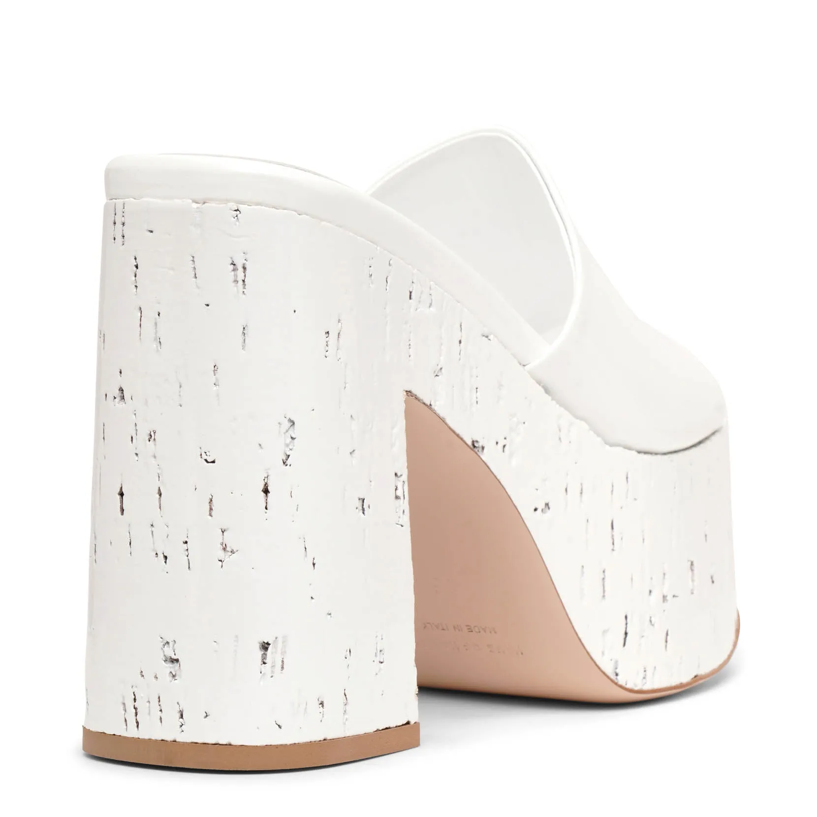 Lacquer Doll white patent platform mules
