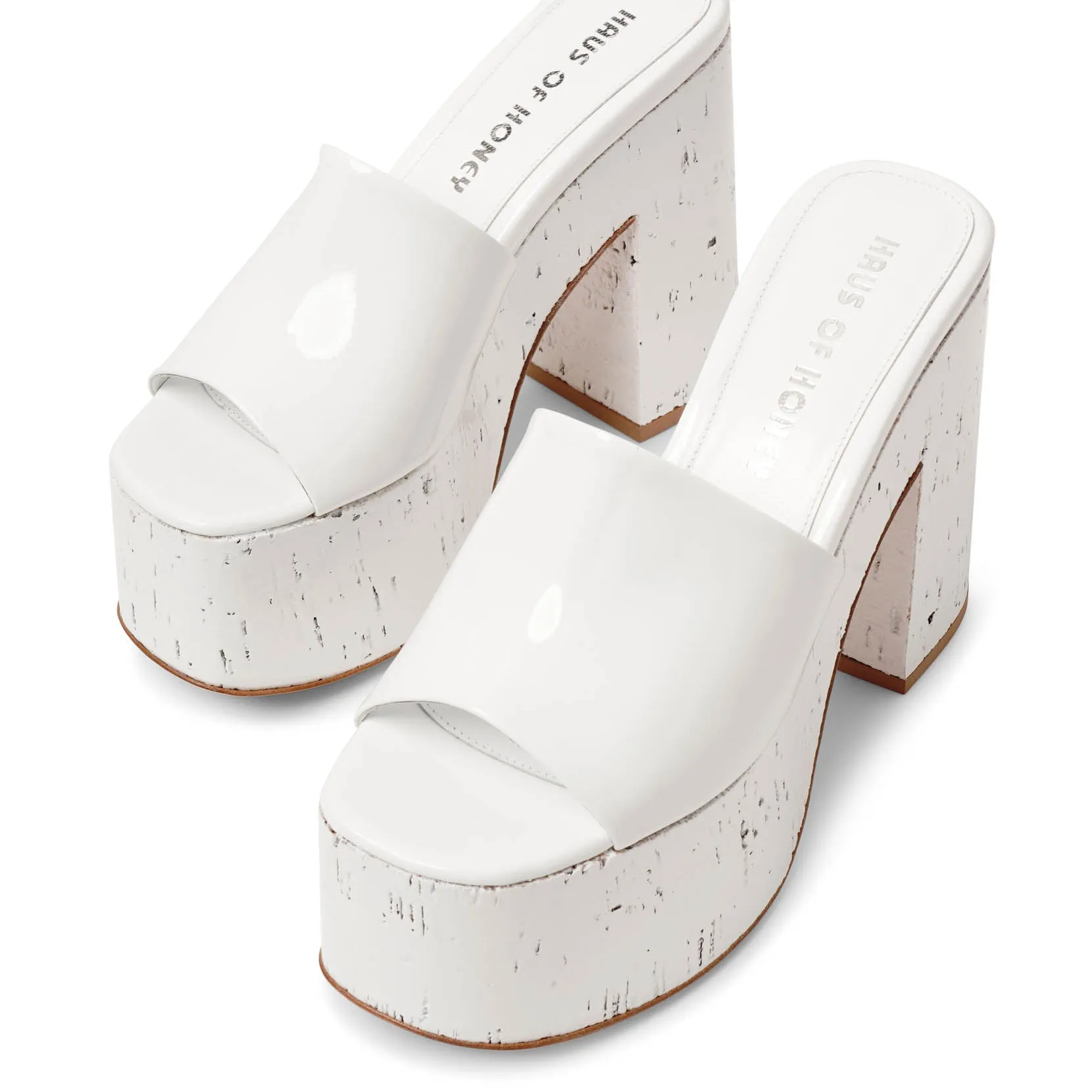 Lacquer Doll white patent platform mules