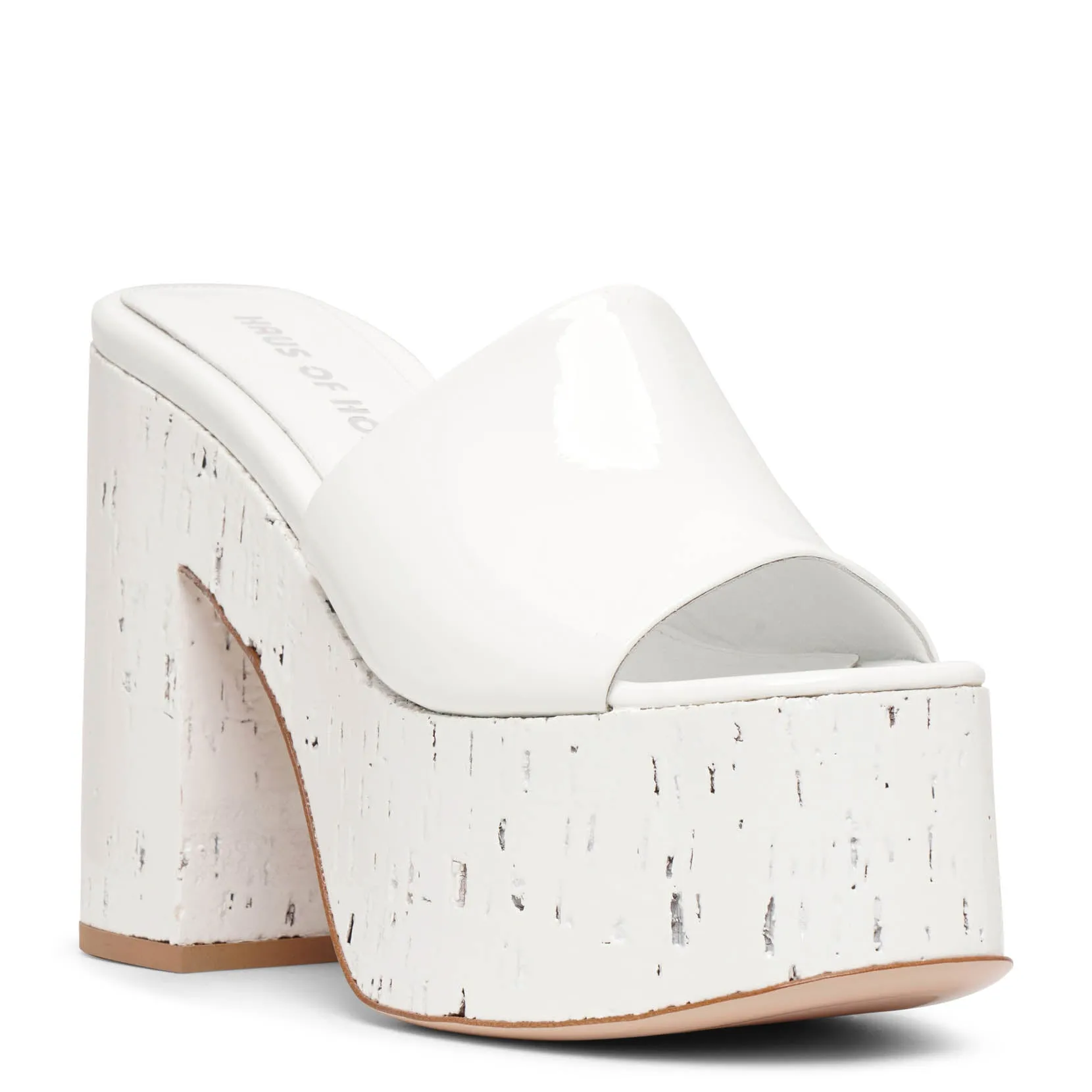 Lacquer Doll white patent platform mules