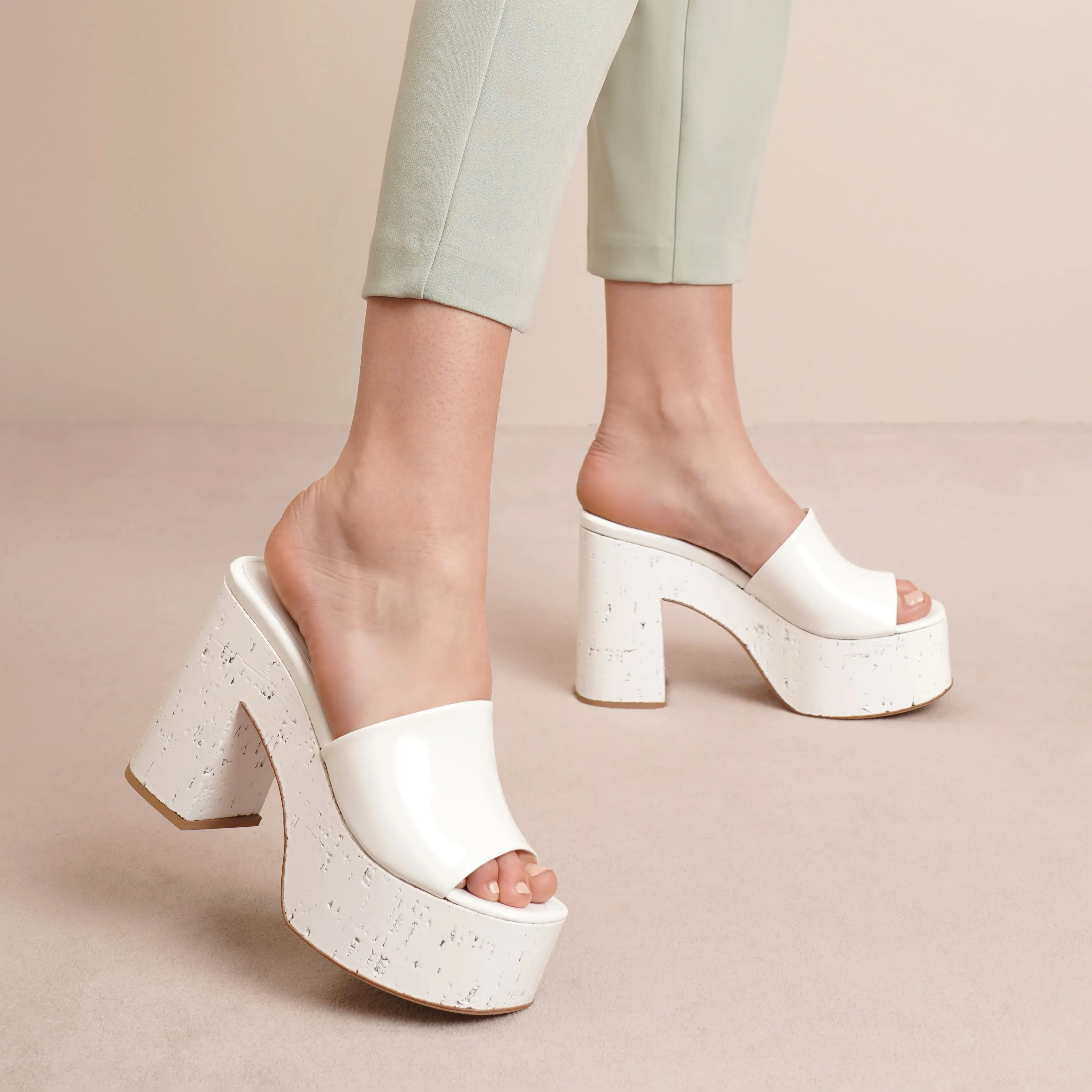 Lacquer Doll white patent platform mules
