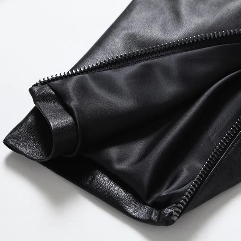 Lady Leather Cropped Pants Solid High Waist Loose Slim Pencil Pants Sheepskin Harem Pants 2022 New SY3985